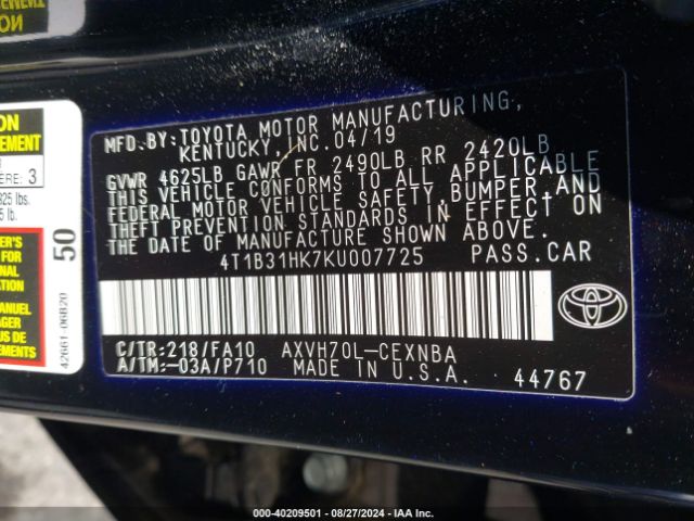 4T1B31HK7KU007725 Toyota Camry Hybrid Le