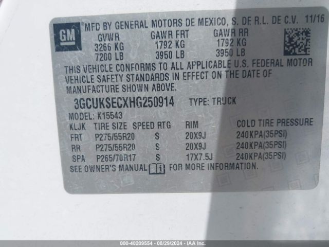 3GCUKSECXHG250914 Chevrolet Silverado 1500 1lz
