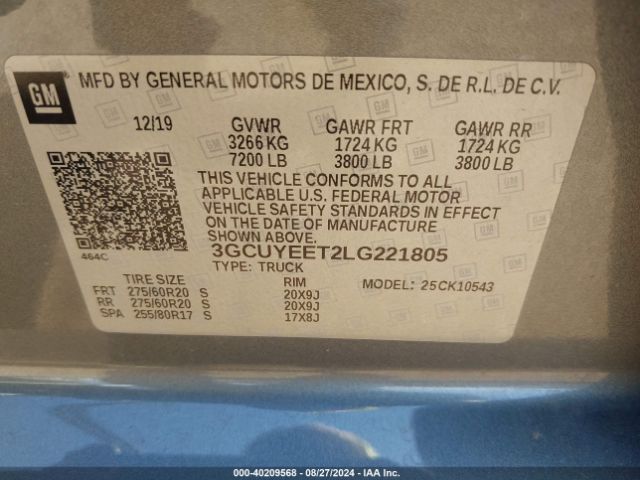 3GCUYEET2LG221805 Chevrolet Silverado 1500 4wd  Short Bed Rst