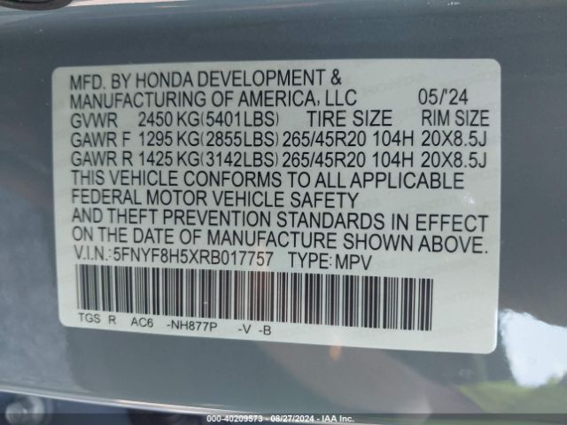 5FNYF8H5XRB017757 Honda Passport Awd Ex-l