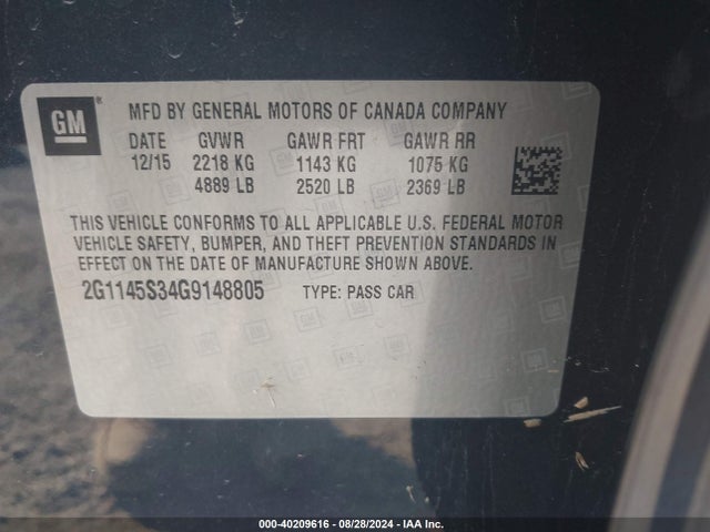 Chevrolet IMPALA 2LZ 2016 2G1145S34G9148805 Image 9