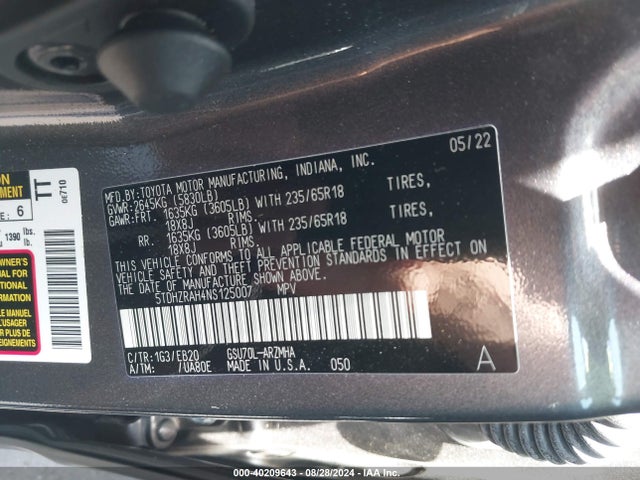 Toyota Highlander Xle 2022 5TDHZRAH4NS125007 Image 9
