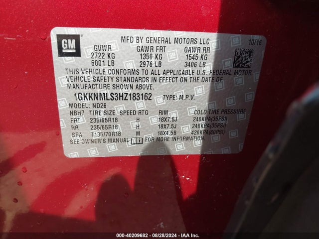 1GKKNMLS3HZ183162 GMC Acadia Slt-1