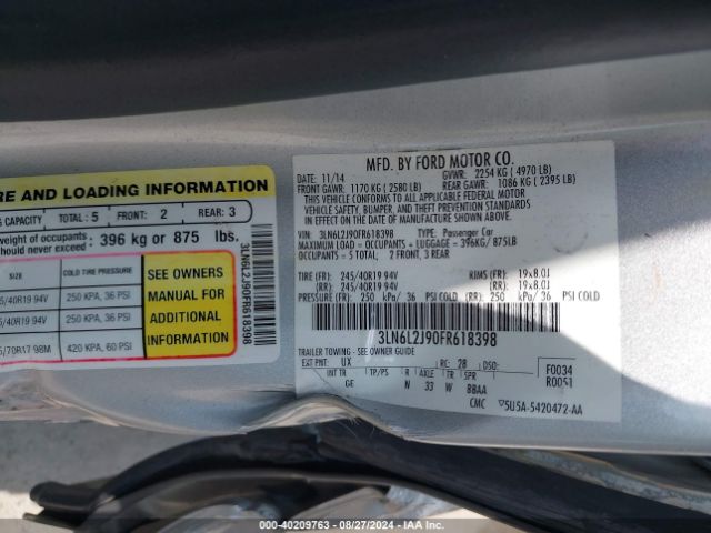 3LN6L2J90FR618398 Lincoln MKZ
