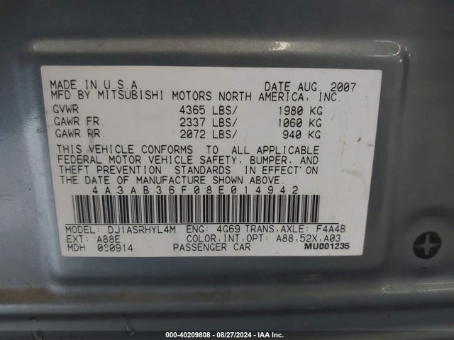 2008 MITSUBISHI GALANT 4A3AB36F08E014942 Photo 8