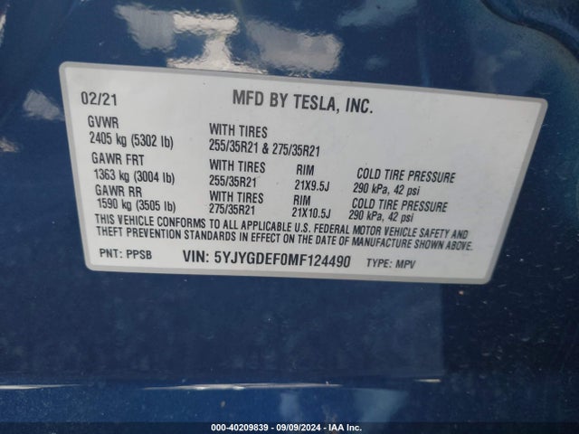 2021 TESLA MODEL Y 5YJYGDEF0MF124490 Photo 8