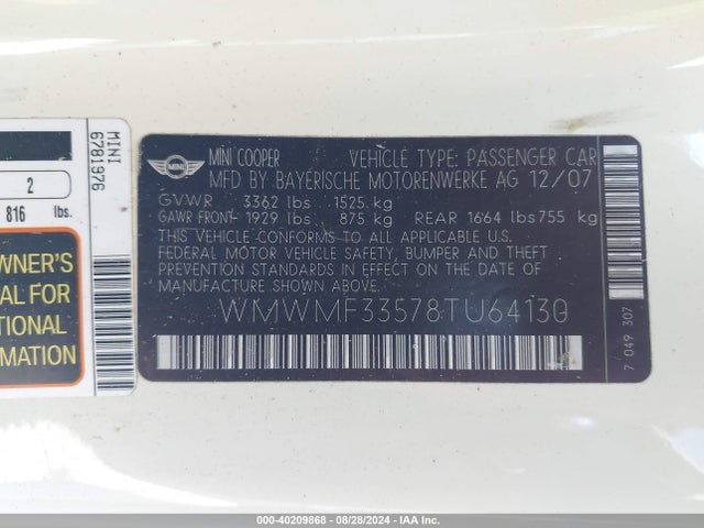 2008 MINI COOPER WMWMF33578TU64130 Photo 8