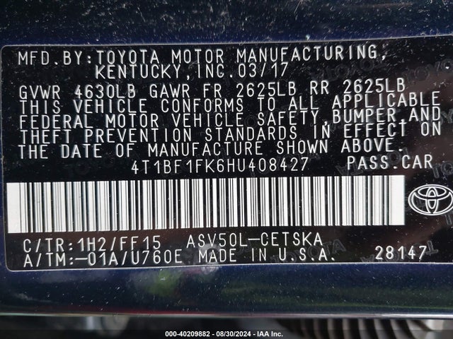 Toyota CAMRY SE 2017 4T1BF1FK6HU408427 Image 9