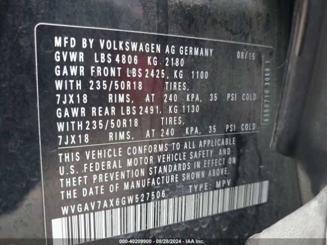 WVGAV7AX6GW527506 Volkswagen TIGUAN SE