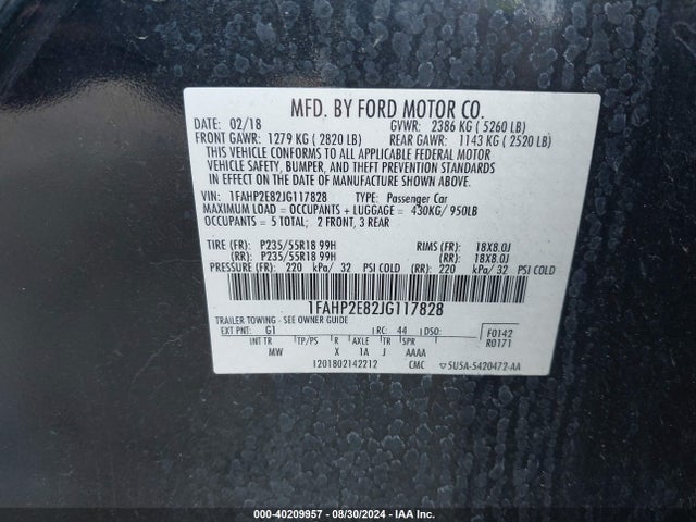 Ford TAURUS SEL 2018 1FAHP2E82JG117828 Image 9