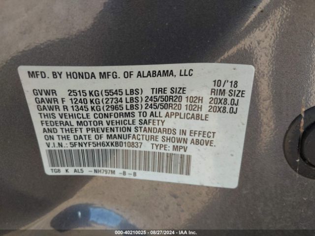 5FNYF5H6XKB010837 Honda Pilot Touring