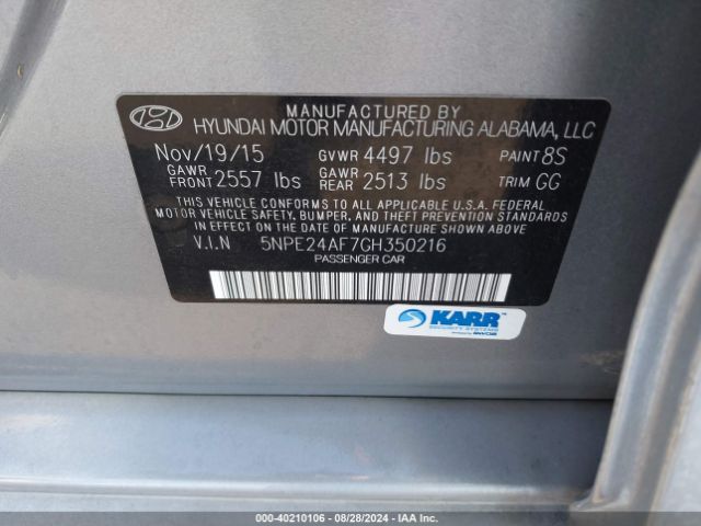 5NPE24AF7GH350216 Hyundai SONATA SE