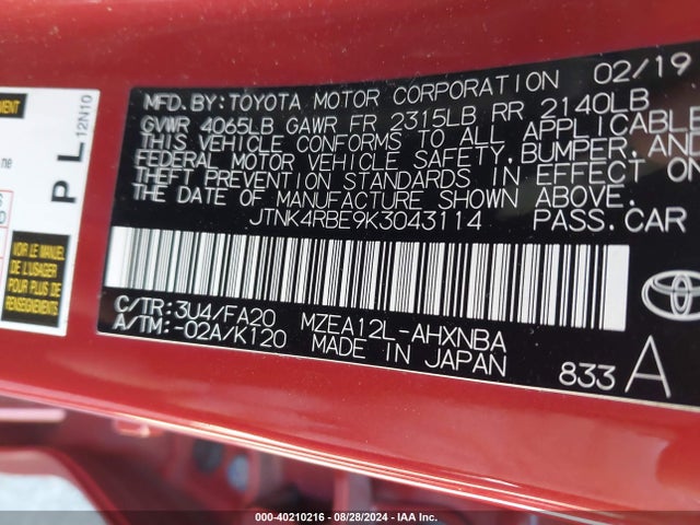 Toyota COROLLA SE 2019 JTNK4RBE9K3043114 Image 9