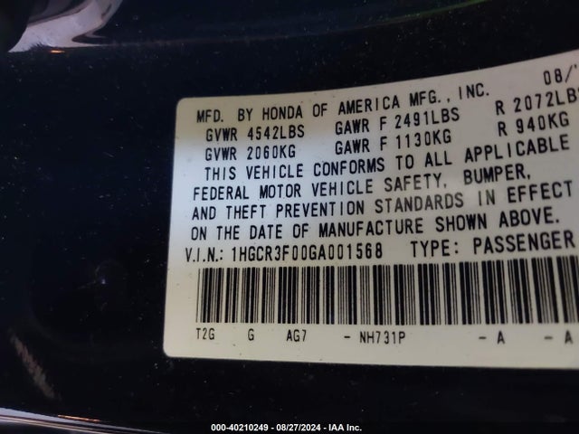 Honda Accord Ex-l V-6 2016 1HGCR3F00GA001568 Image 9