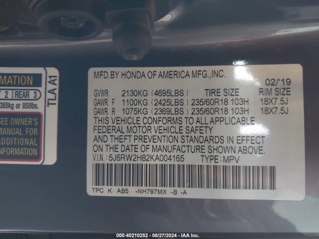 Honda Cr-v Ex-l 2019 5J6RW2H82KA004165 Image 9