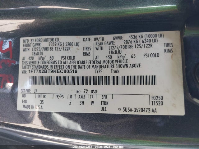 Ford F-250 Xlt 2019 1FT7X2BT9KEC80519 Image 9