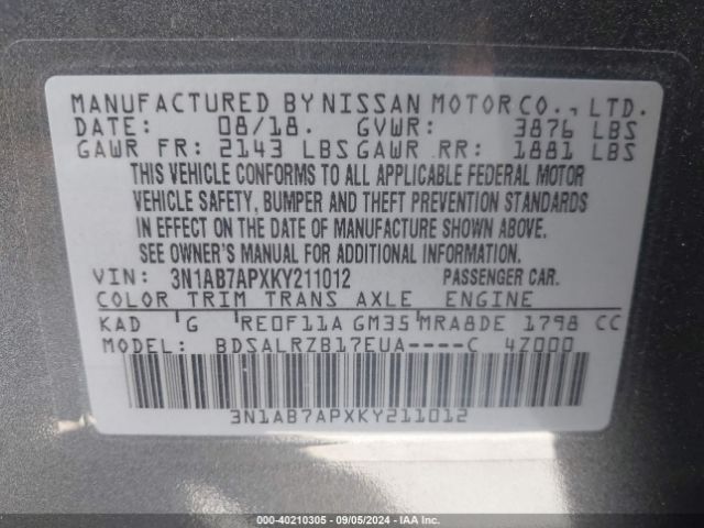 3N1AB7APXKY211012 Nissan SENTRA SR