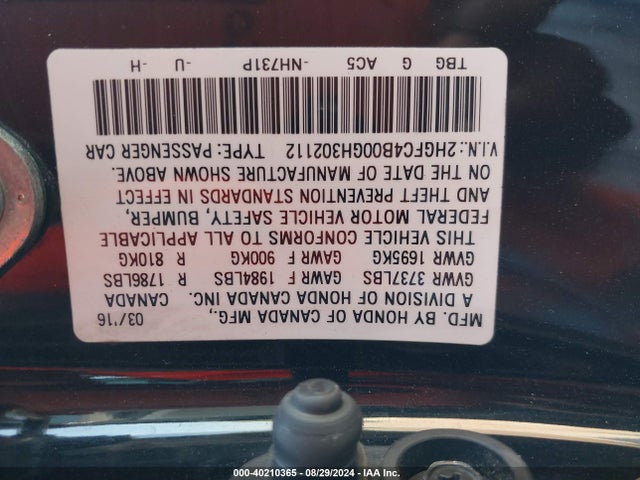 Honda Civic Lx-p 2016 2HGFC4B00GH302112 Image 9