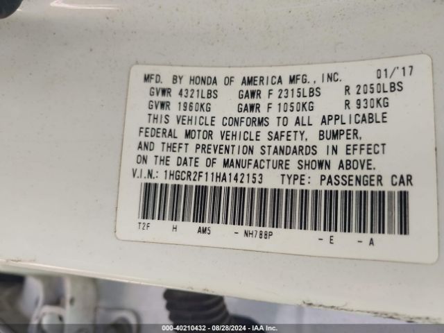 1HGCR2F11HA142153 Honda Accord Sport Se