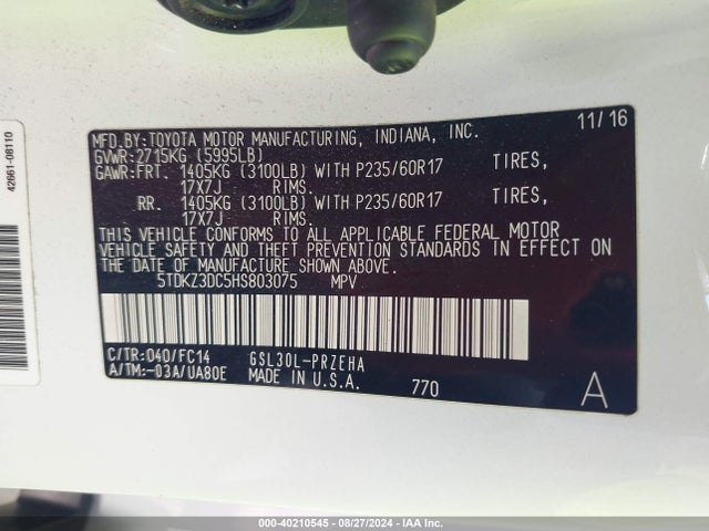 Toyota Sienna Le 8 Passenger 2017 5TDKZ3DC5HS803075 Image 9