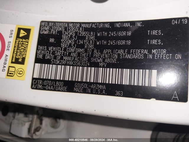 Toyota Highlander Xle 2019 5TDKZRFHXKS563024 Image 9