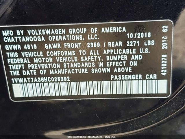 1VWAT7A36HC025392 Volkswagen Passat 1.8t S