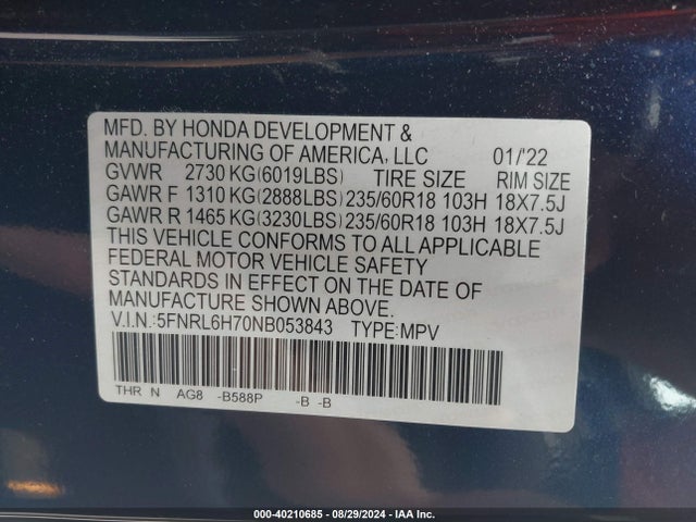 5FNRL6H70NB053843 Honda Odyssey Ex-l