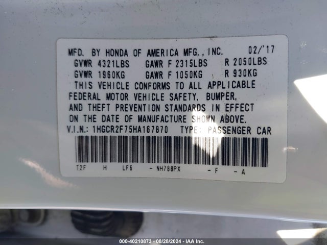 Honda ACCORD EX 2017 1HGCR2F75HA167870 Image 9