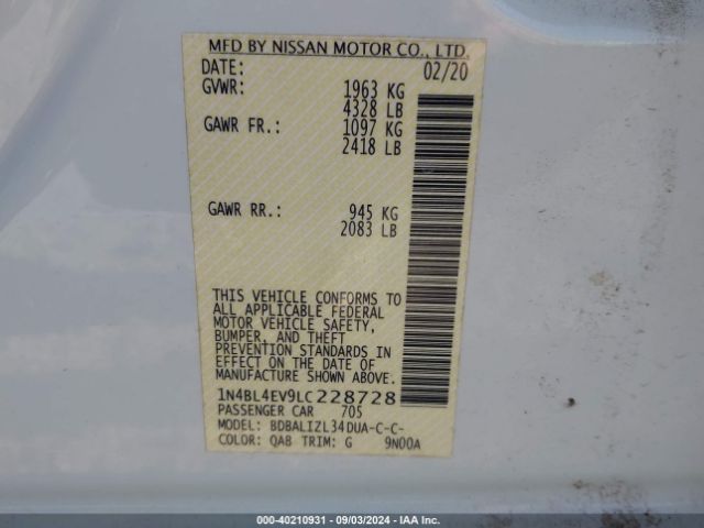 1N4BL4EV9LC228728 Nissan Altima Sl Fwd