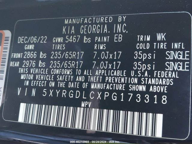 5XYRGDLCXPG173318 KIA SORENTO LX