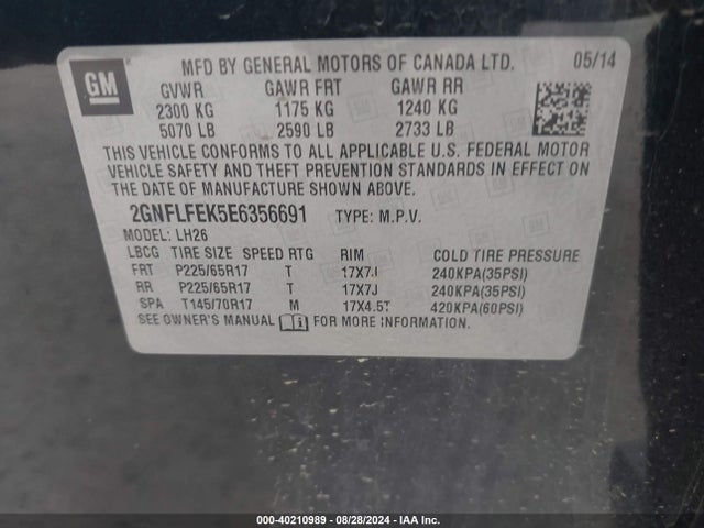 Chevrolet EQUINOX 1LT 2014 2GNFLFEK5E6356691 Image 9