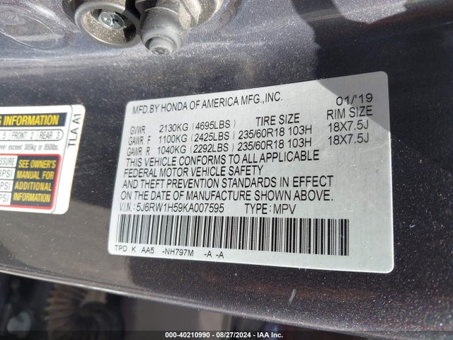 2019 Honda Cr-v Ex მანქანა იყიდება აუქციონზე, vin: 5J6RW1H59KA007595, აუქციონის ნომერი: 40210990