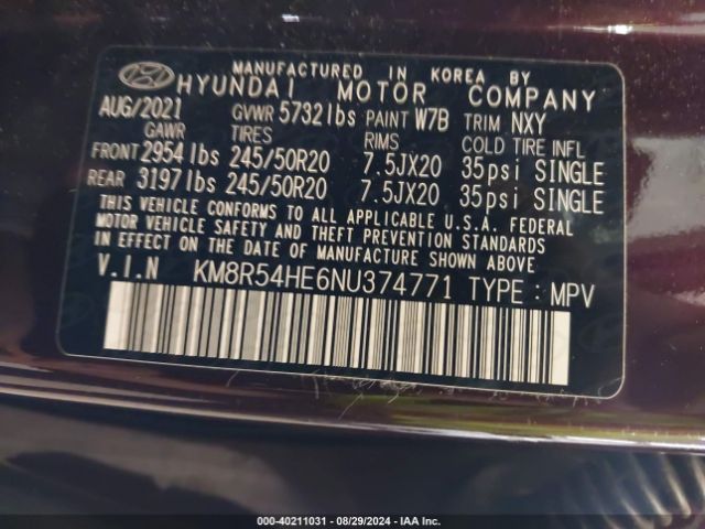 KM8R54HE6NU374771 Hyundai Palisade Limited