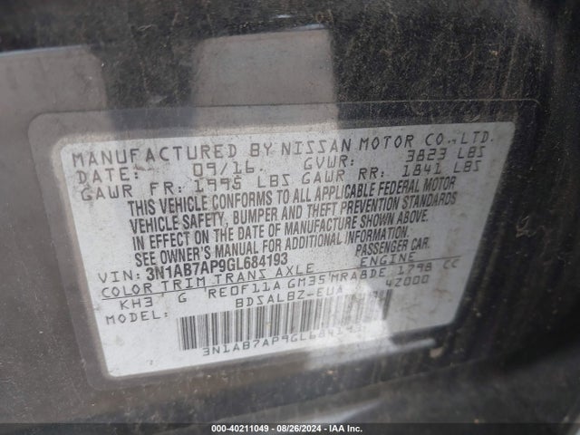 Nissan SENTRA S 2016 3N1AB7AP9GL684193 Image 9
