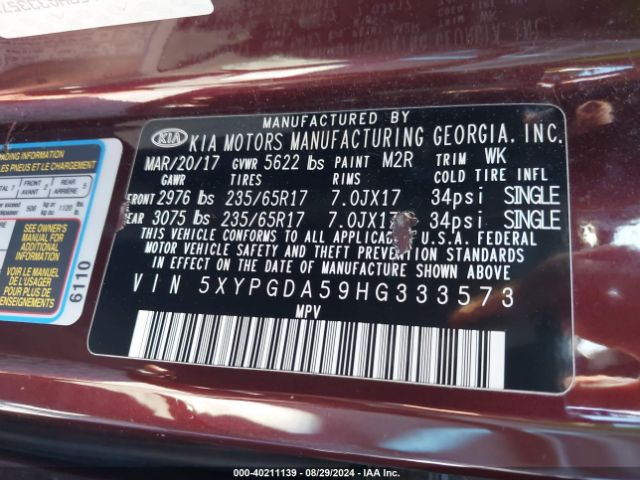 5XYPGDA59HG333573 KIA Sorento 3.3l Lx