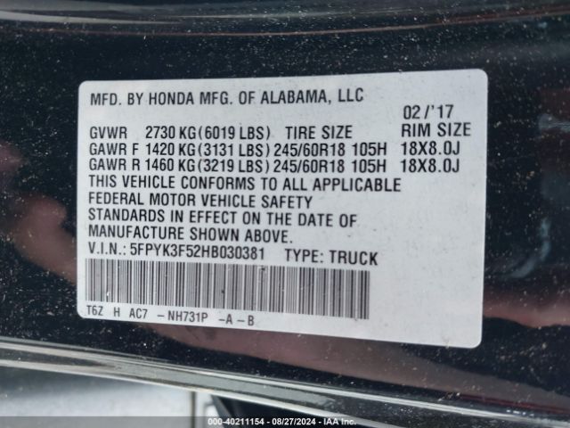 5FPYK3F52HB030381 Honda Ridgeline Rtl