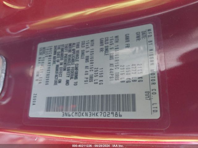 3N6CM0KN3HK702986 Nissan NV200 SV