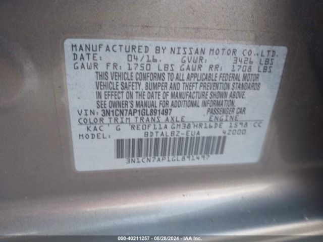 3N1CN7AP1GL891497 Nissan Versa 1.6 Sv