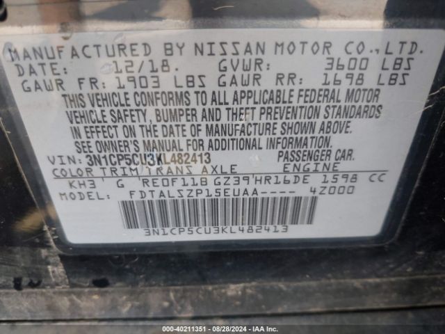 3N1CP5CU3KL482413 Nissan KICKS SV