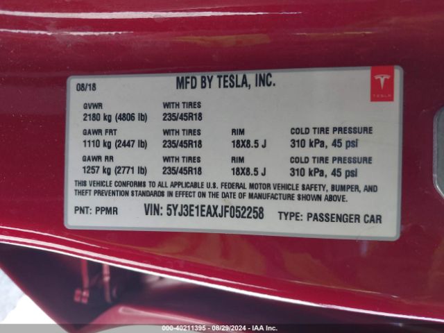 5YJ3E1EAXJF052258 Tesla Model 3 Long Range/mid Range