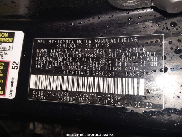 Toyota CAMRY SE 2020 4T1G11AK9LU890251 Image 9