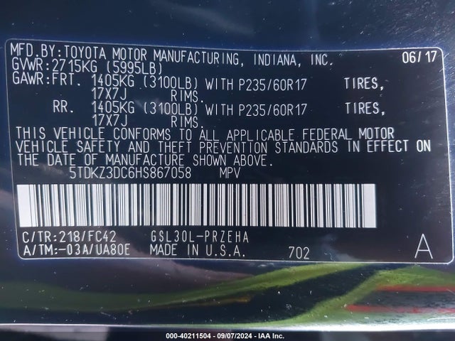 Toyota Sienna Le 8 Passenger 2017 5TDKZ3DC6HS867058 Image 9