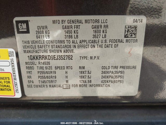 1GKKRRKD9EJ352762 GMC Acadia Slt-1