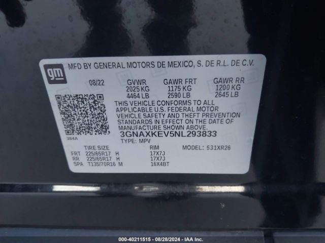 3GNAXKEV5NL293833 Chevrolet Equinox Fwd Lt