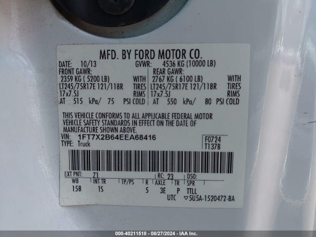 Ford F-250 Xl 2014 1FT7X2B64EEA68416 Image 9