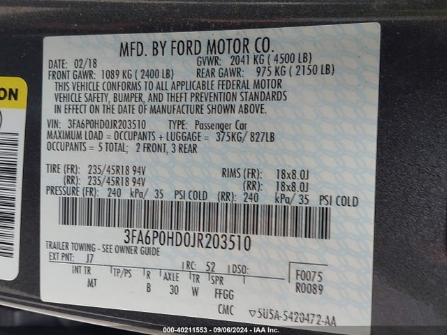 Ford FUSION SE 2018 3FA6P0HD0JR203510 Image 9