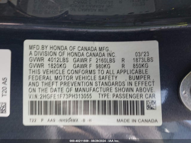 Honda Civic Ex /ex W/o Bsi 2023 2HGFE1F73PH313055 Image 9