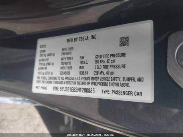 2022 TESLA MODEL 3 5YJ3E1EB2NF200885 Photo 8