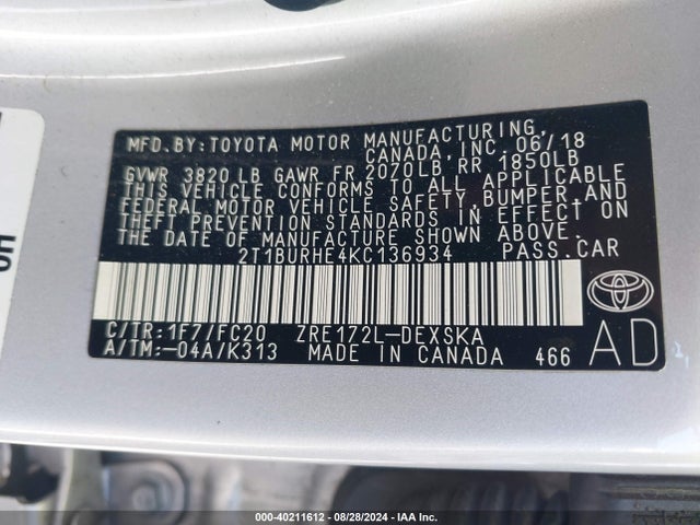 Toyota COROLLA SE 2019 2T1BURHE4KC136934 Image 9