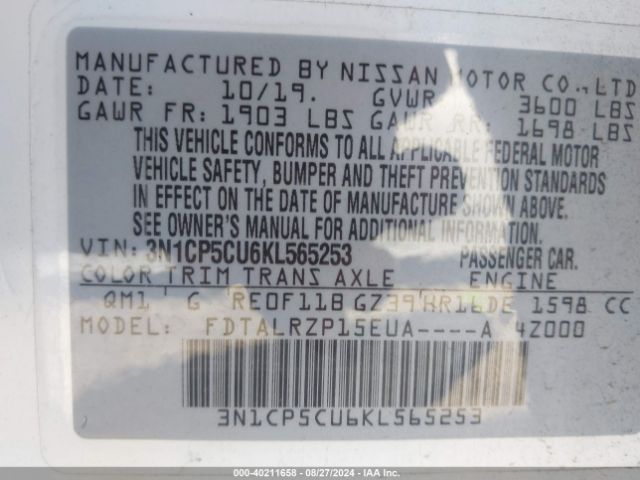 3N1CP5CU6KL565253 Nissan KICKS S